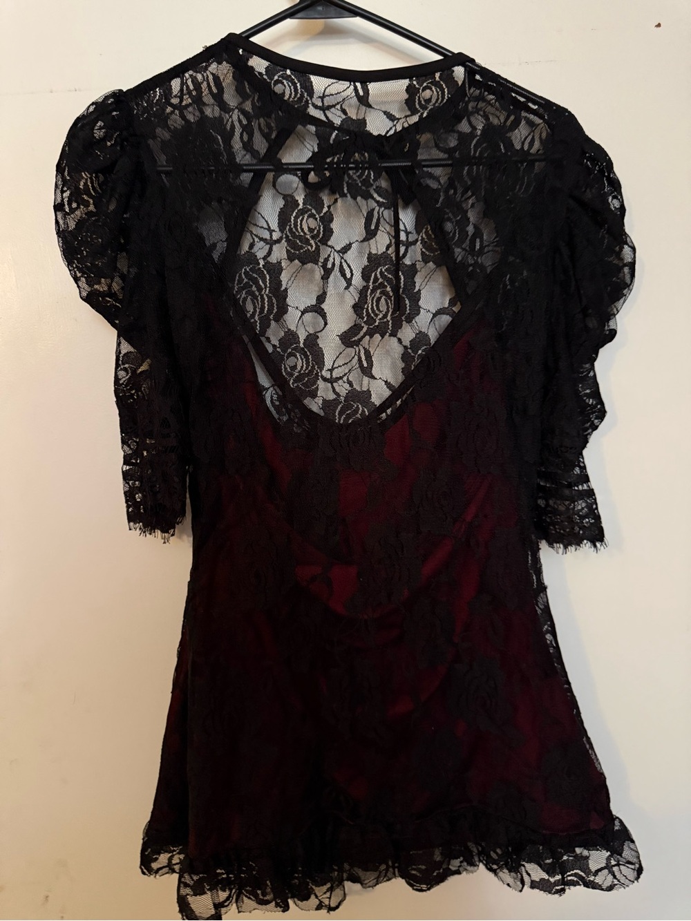 Black Lace Overlay Blouse with Burgundy Lining